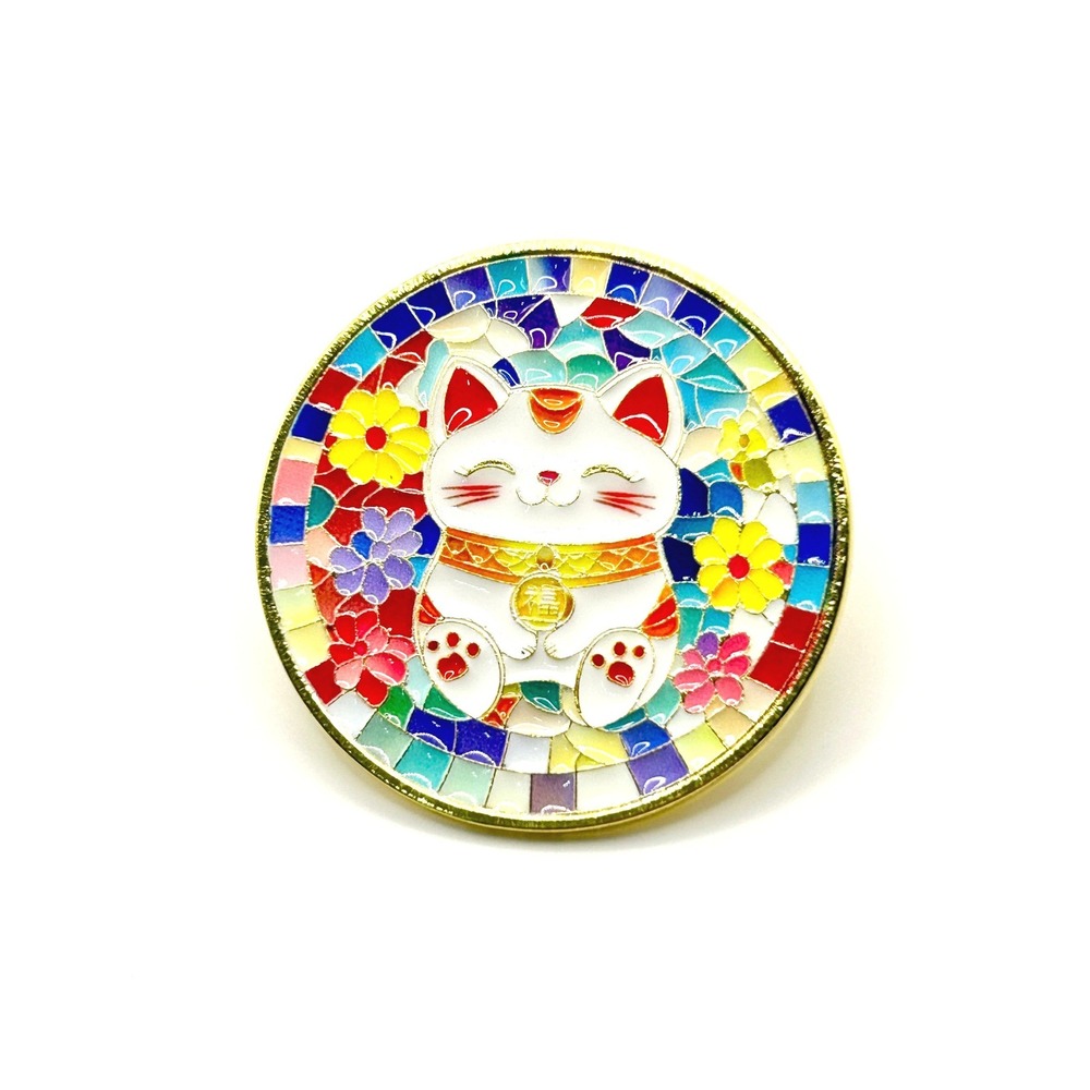Lucky Cat Enamel Pin OS Multi Stained Glass Mosaic Maneki Neko Kawaii Lapel Hat